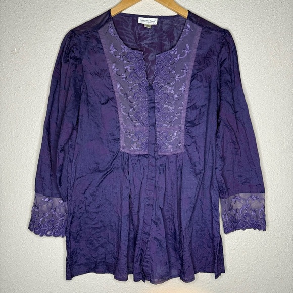 Coldwater Creek Lacy Crinkle Tunic Button Up Purple Blouse Women’s Size Medium - Picture 1 of 14